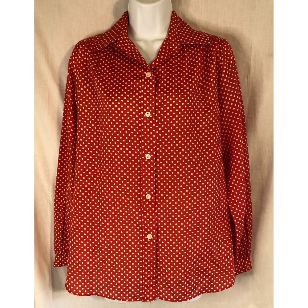 Vtg Evan Picone Women's Red Polka Dot Top Button Up Blouse Shirt with Tye Size 8